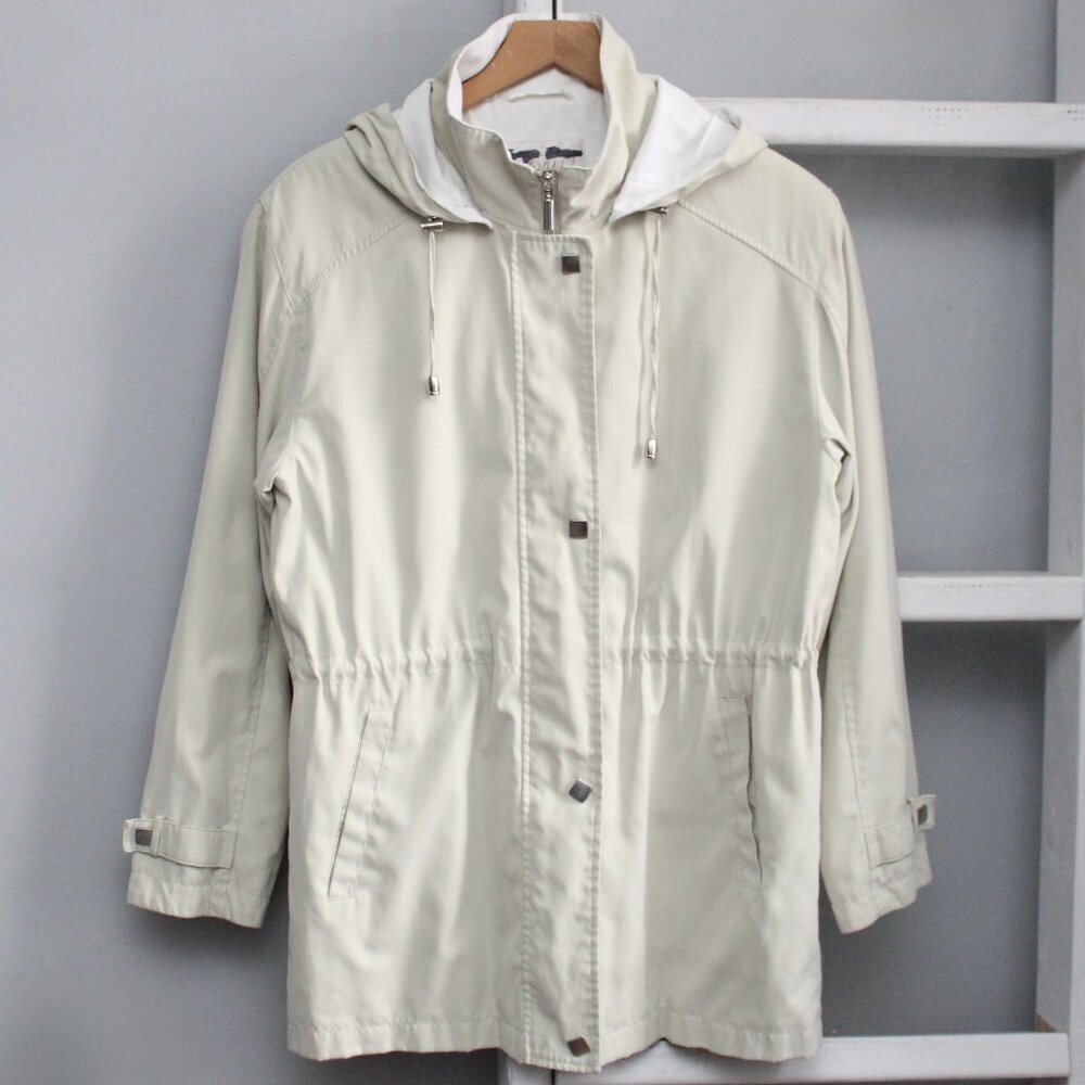 Studio Works Women's Vintage Y2K Cream Hooded Zip-Up Light Jacket Size Medium